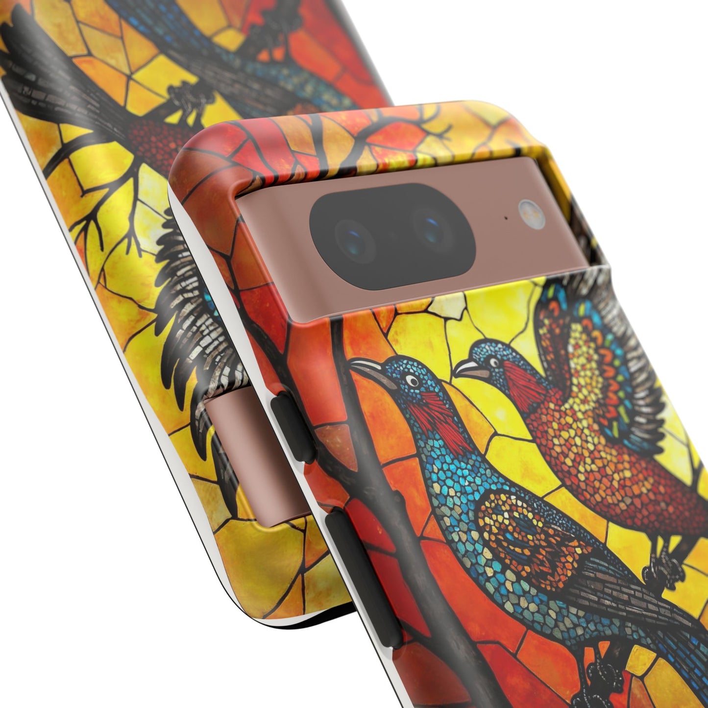Vibrant Hummingbirds with Stained Glass Charm