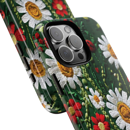 Intricate Embroidered Fabric Featuring Daisies And Ladybugs phone case design