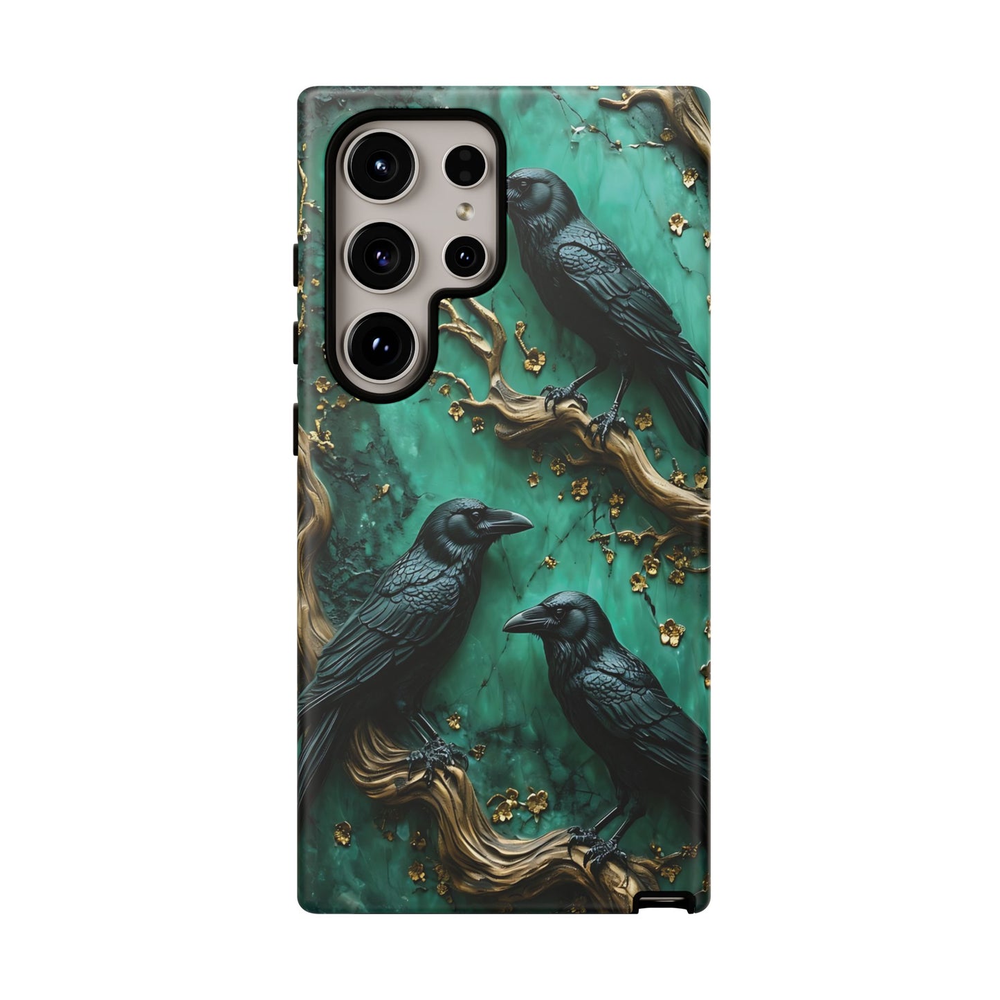 Three Black Ravens Perched On Gold-Accent Branches phone case design