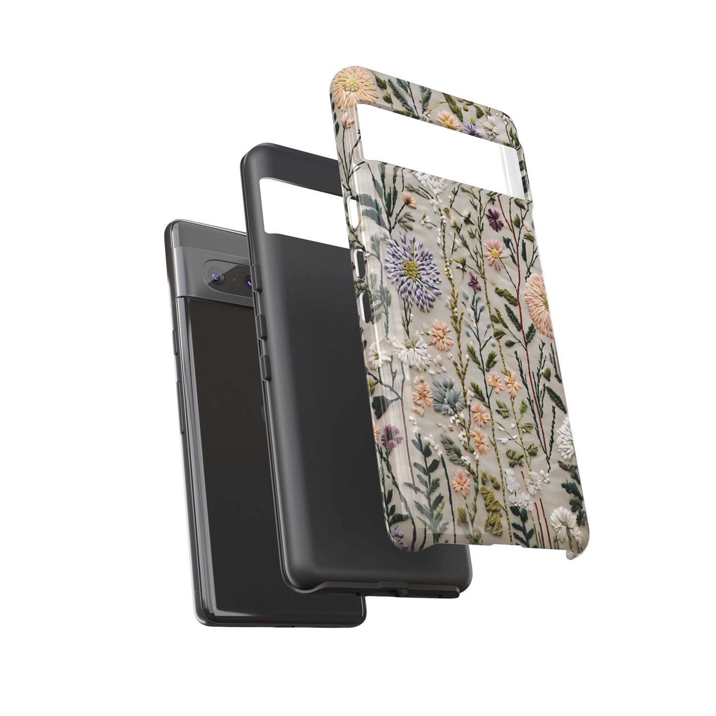 Intricate Embroidery Artwork Featuring Botanical Elements On Beige phone case design.