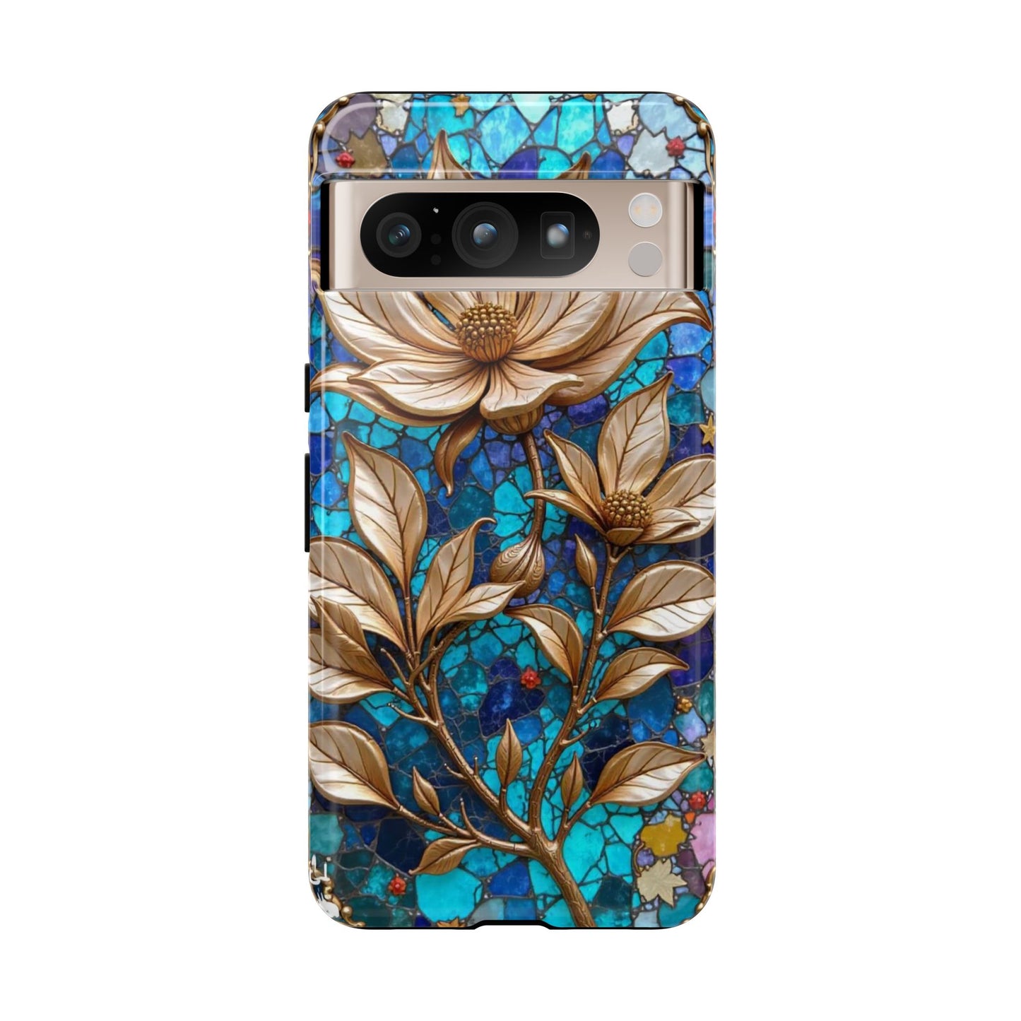Golden Blossoms on Mosaic Blue Elegance
