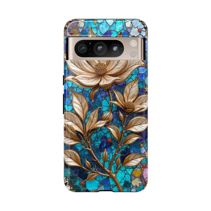 Golden Blossoms on Mosaic Blue Elegance
