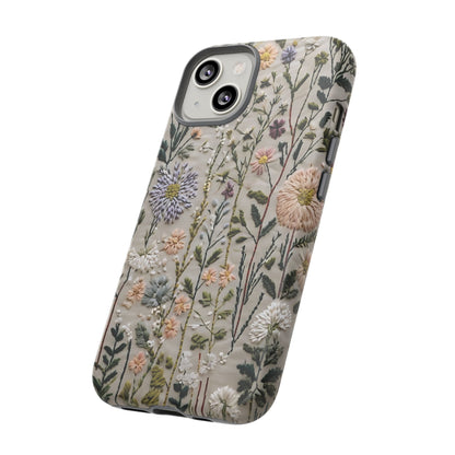 Intricate Embroidery Artwork Featuring Botanical Elements On Beige phone case design.