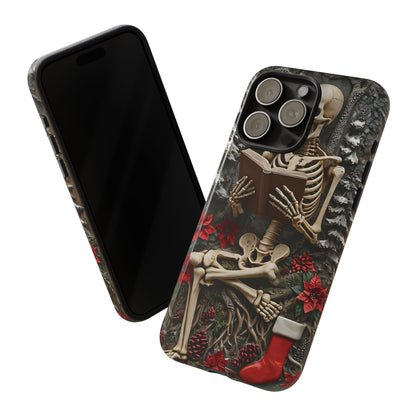 Surreal Relief Sculpture of Skeleton Reading Amidst Festive Decor phone case design