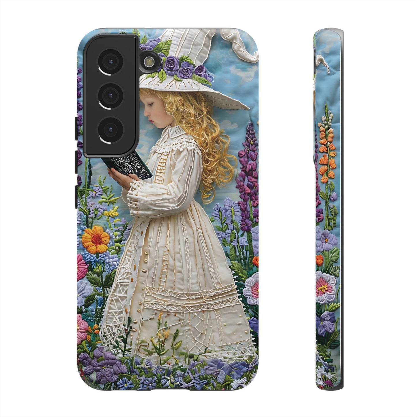 Whimsical Embroidery Of A Girl Reading In A Garden phone case design.