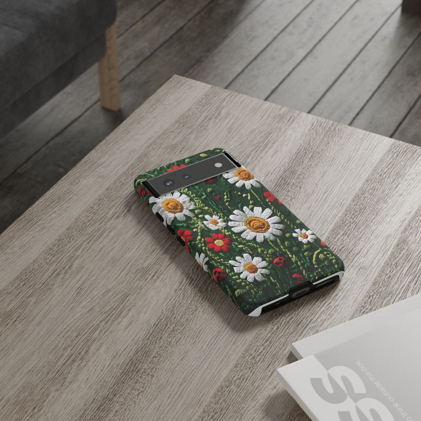 Intricate Embroidered Fabric Featuring Daisies And Ladybugs phone case design