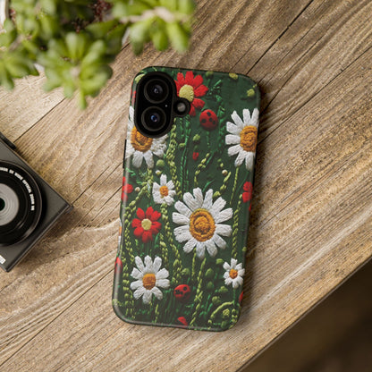 Intricate Embroidered Fabric Featuring Daisies And Ladybugs phone case design