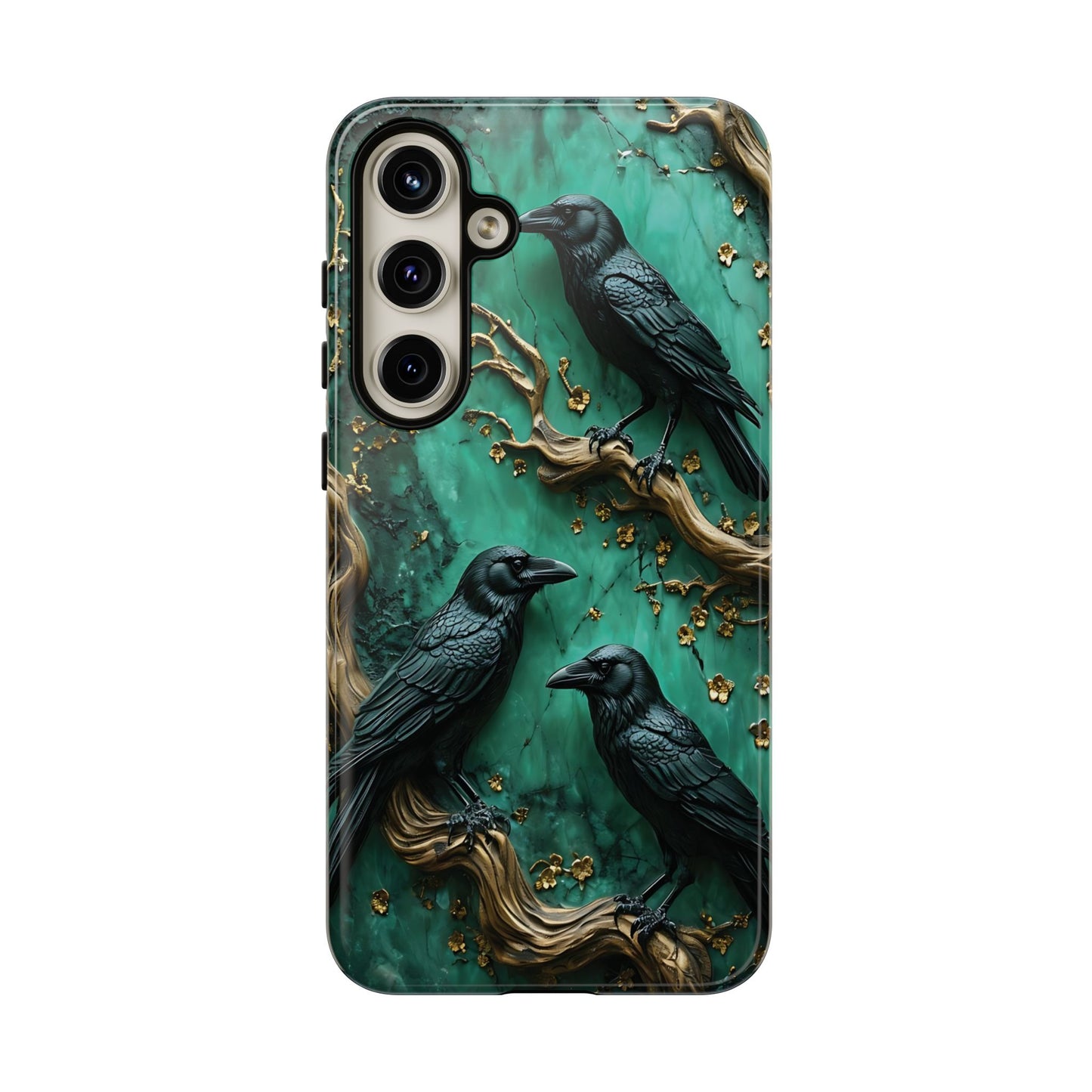 Three Black Ravens Perched On Gold-Accent Branches phone case design