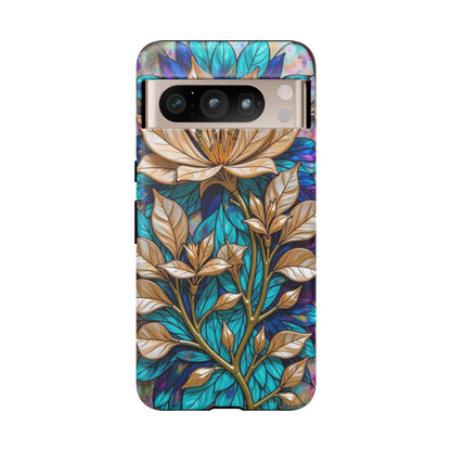 Majestic Golden Blossoms on Mosaic Blue Splendor