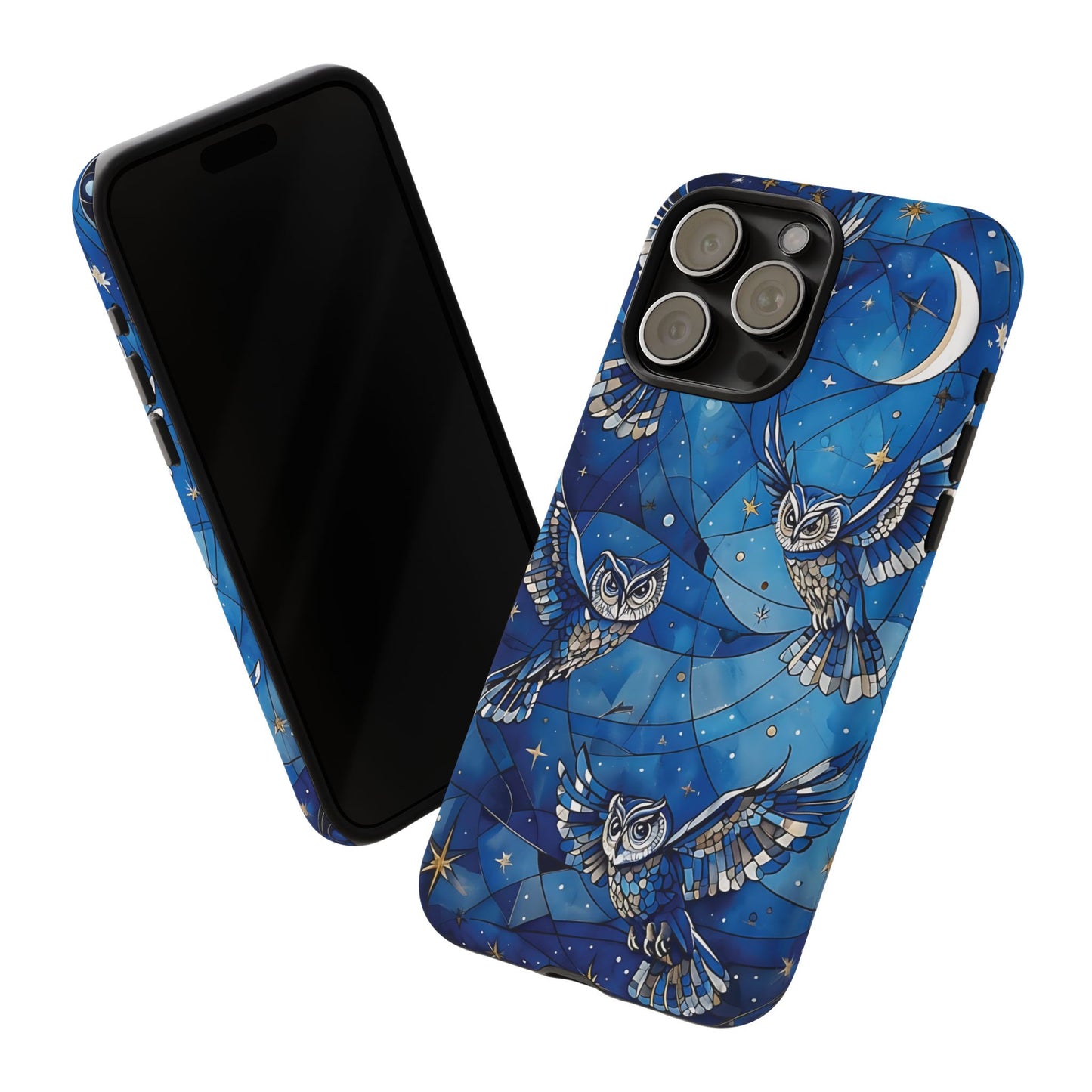 Surrealistic Owls Soaring Through A Celestial Night Sky phone case design.