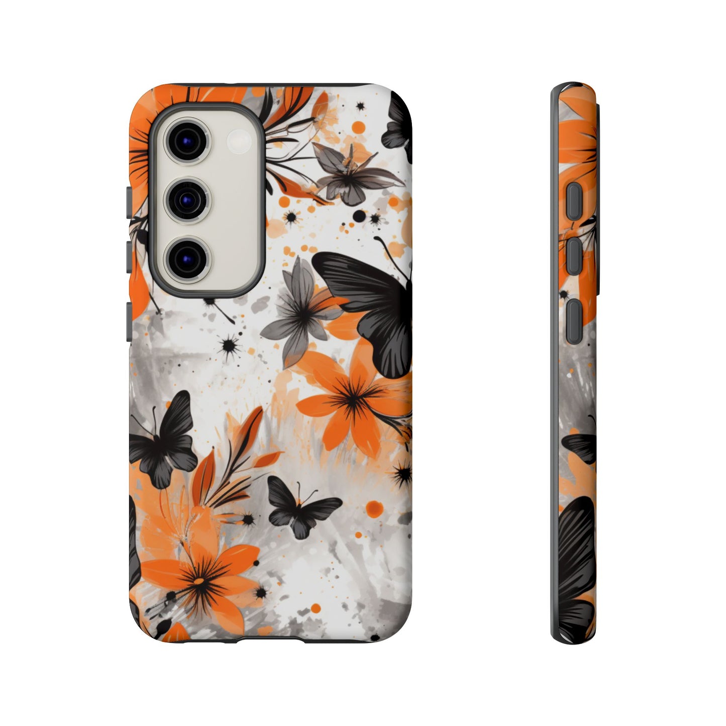 Bold Butterfly & Floral Splash Mobile Cover – Black & Orange Aesthetic
