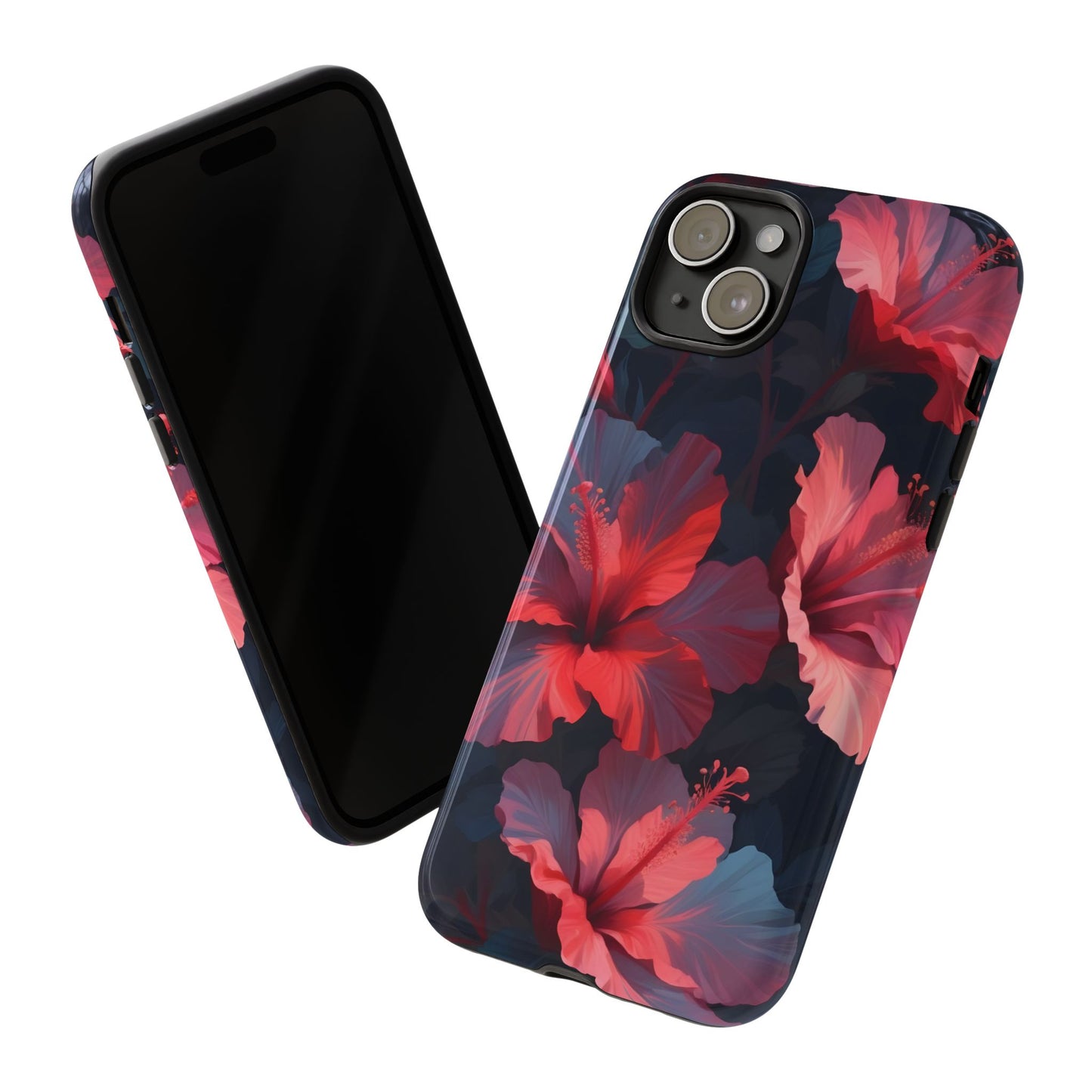 Vibrant red and pink hibiscus flowers blooming against a dark background| Floral phone case design