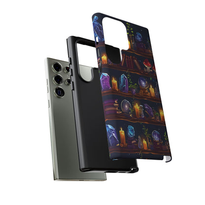 Fantasy Seamless Pattern Of Wooden Shelves Filled With Mystical Items phone case design.