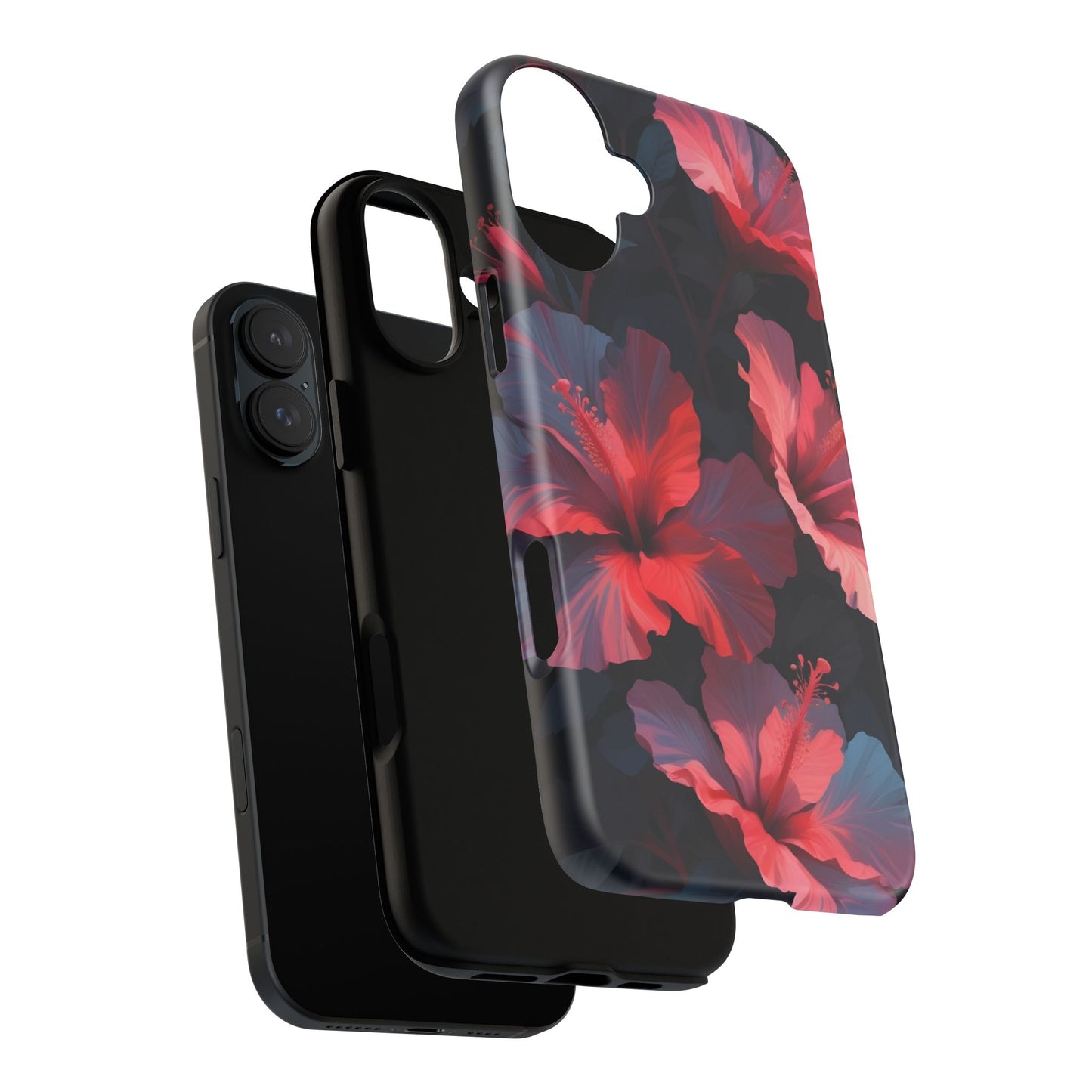 Vibrant red and pink hibiscus flowers blooming against a dark background| Floral phone case design