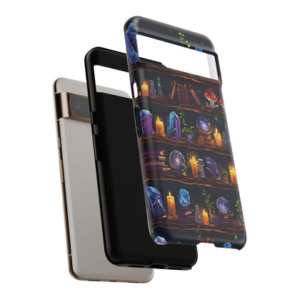Fantasy Seamless Pattern Of Wooden Shelves Filled With Mystical Items phone case design.
