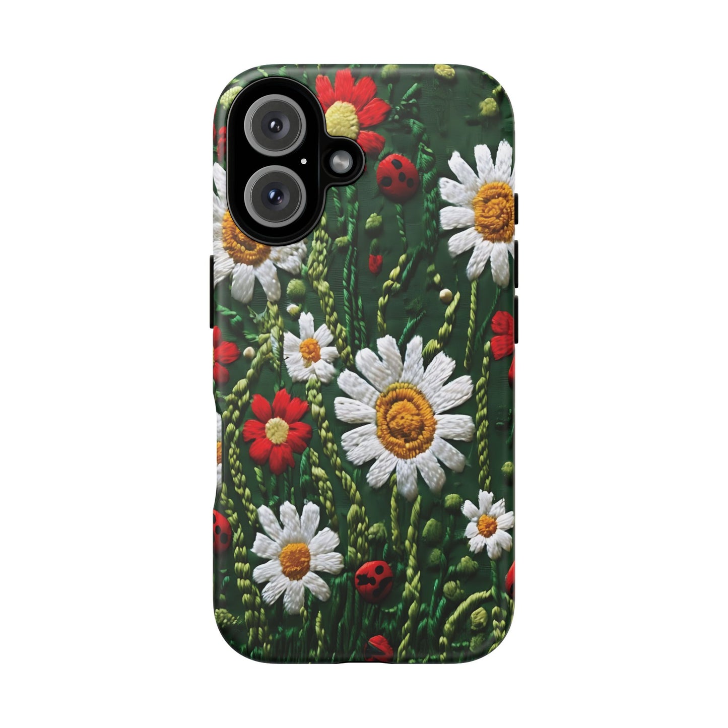 Intricate Embroidered Fabric Featuring Daisies And Ladybugs phone case design
