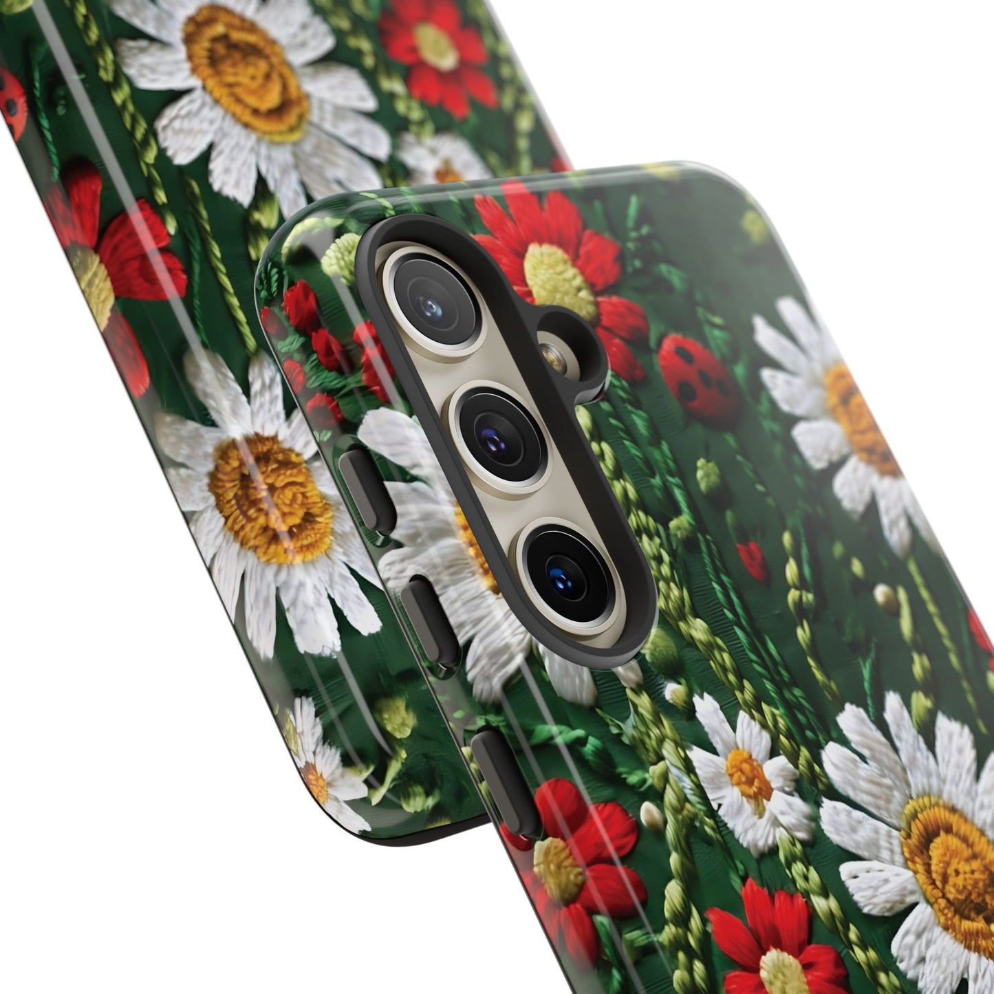 Intricate Embroidered Fabric Featuring Daisies And Ladybugs phone case design