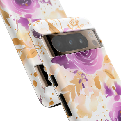 Purple Bloom Watercolor Mobile Case – Artistic Elegance in Gold & Lilac