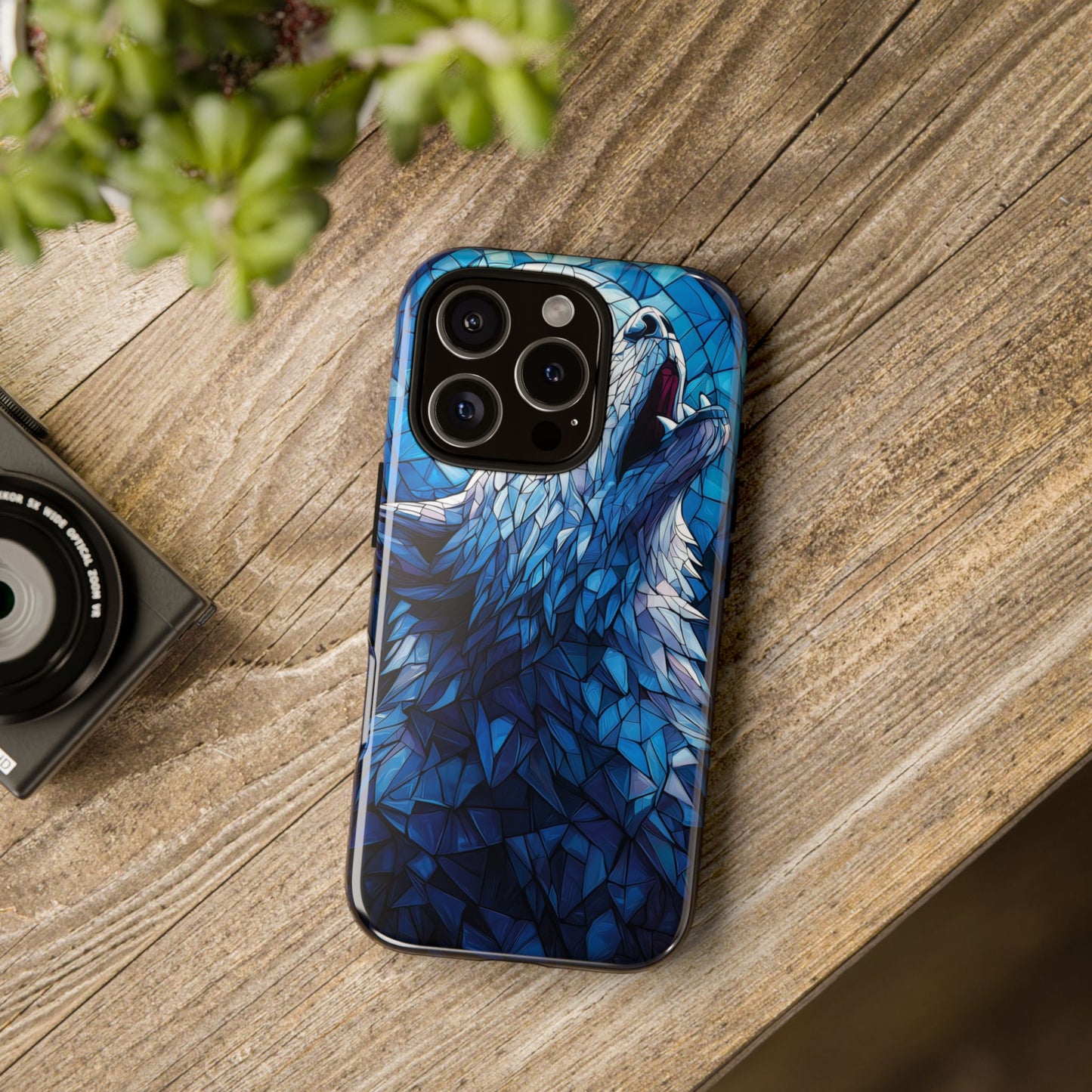 Mystic Moon Wolf – Stained Glass Mosaic Phone Case for iPhone, Samsung & Pixel