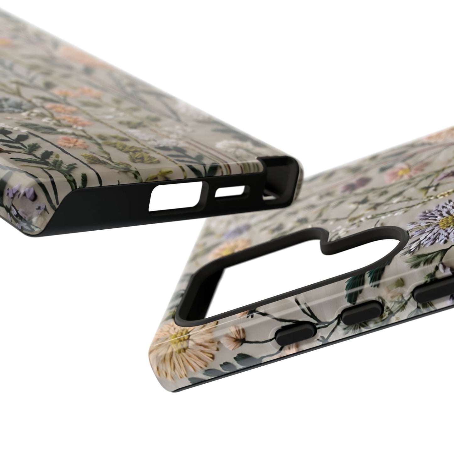 Intricate Embroidery Artwork Featuring Botanical Elements On Beige phone case design.