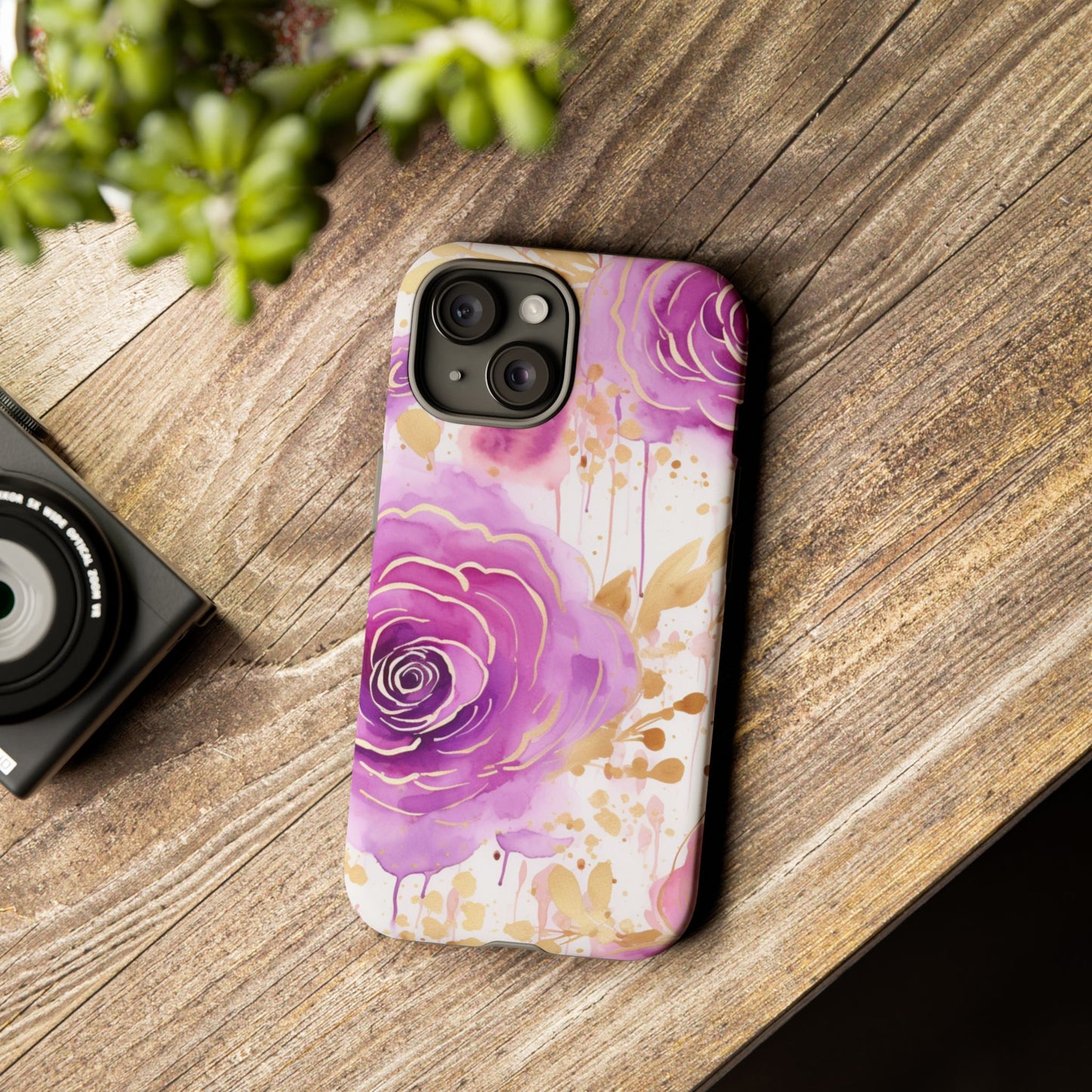 Elegant Purple-Gold Watercolor Rose Mobile Case