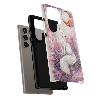 Whimsical White Fox Surrounded By Lavender And Pink Blooms phone case design.