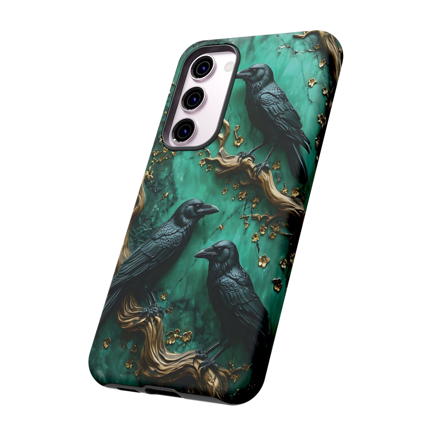 Three Black Ravens Perched On Gold-Accent Branches phone case design