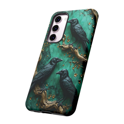 Three Black Ravens Perched On Gold-Accent Branches phone case design