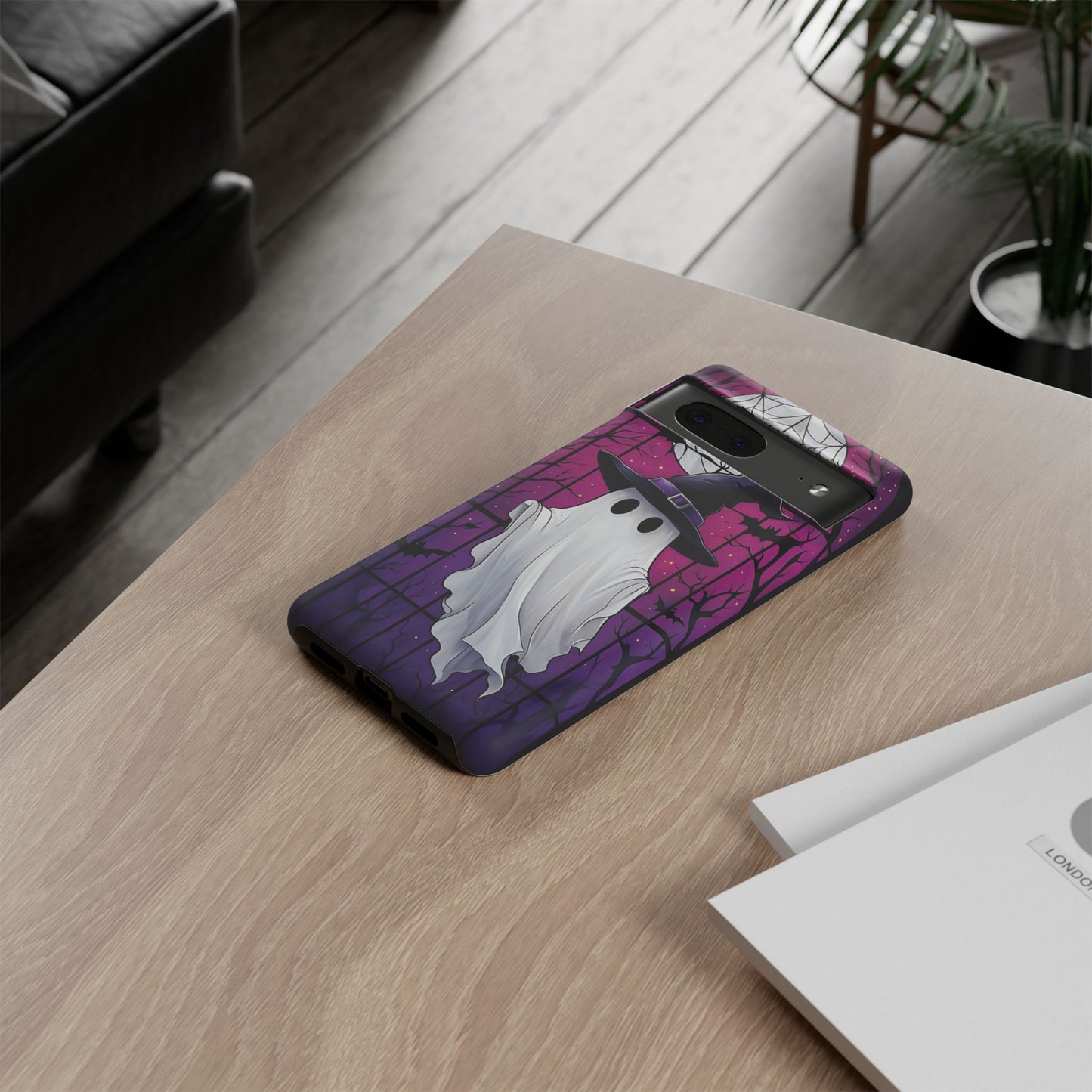 Stylized Halloween Illustration of a Ghost in Stained Glass  phone case design.