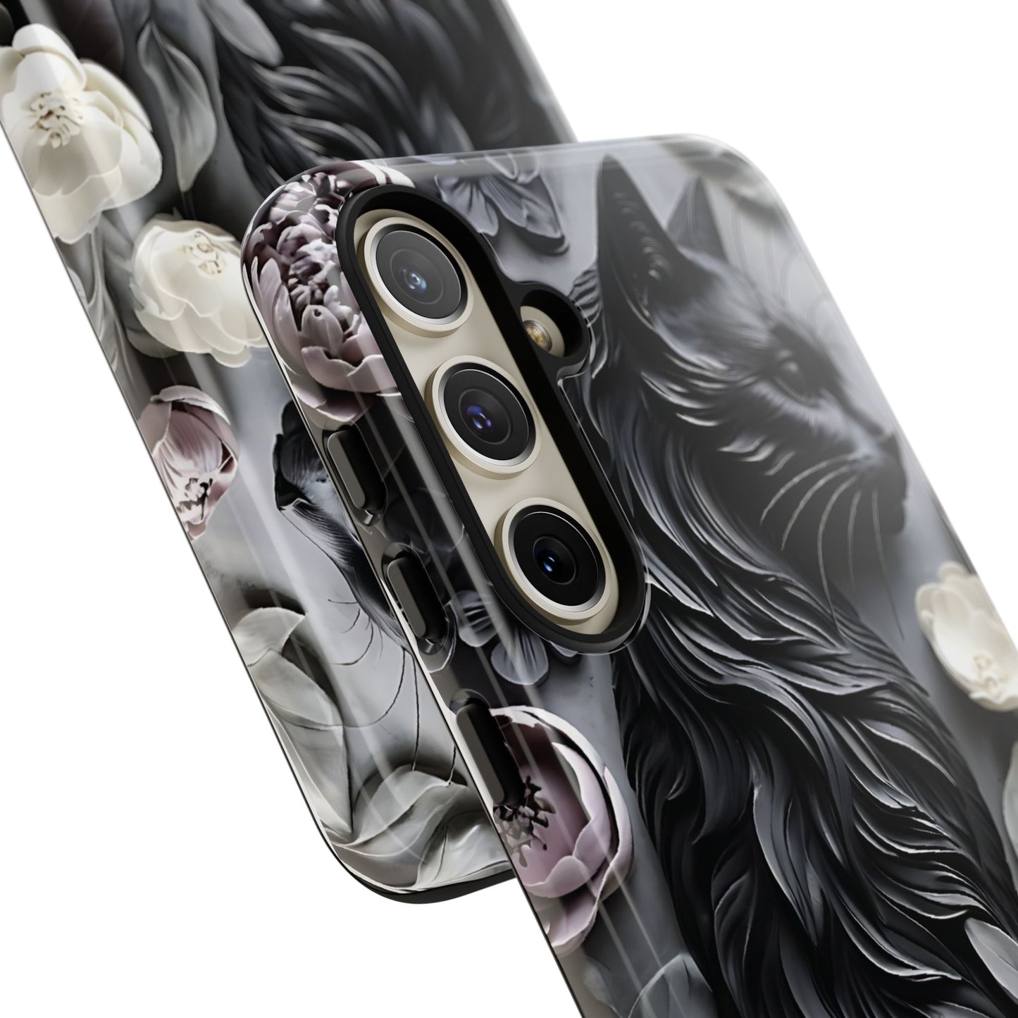 Intricate Bas-Relief Sculpture Of Black Cat Among Flowers phone case design