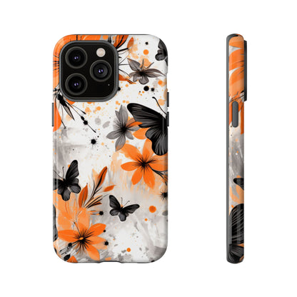 Bold Butterfly & Floral Splash Mobile Cover – Black & Orange Aesthetic