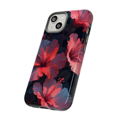 Vibrant red and pink hibiscus flowers blooming against a dark background| Floral phone case design