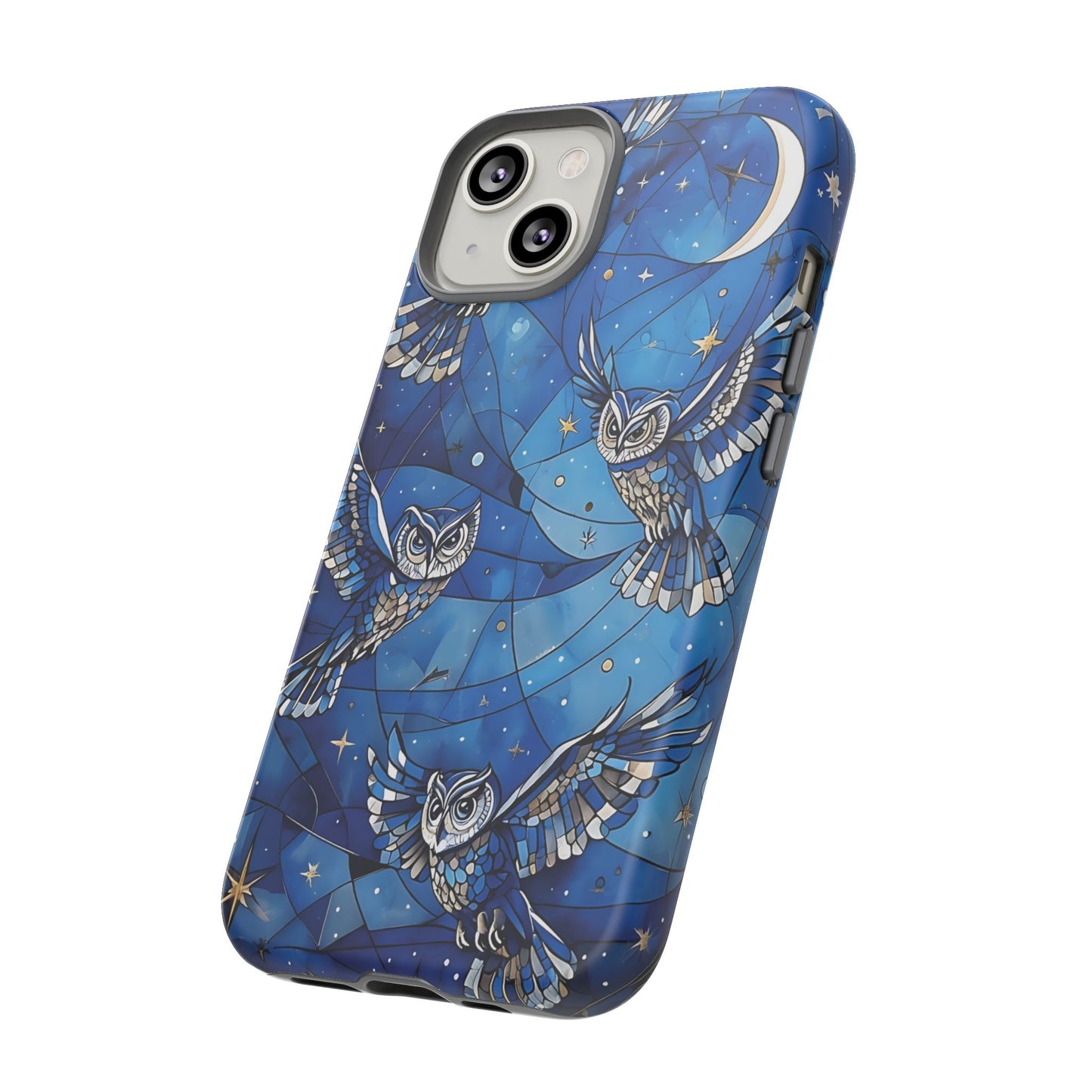 Surrealistic Owls Soaring Through A Celestial Night Sky phone case design.
