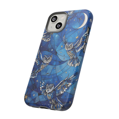 Surrealistic Owls Soaring Through A Celestial Night Sky phone case design.