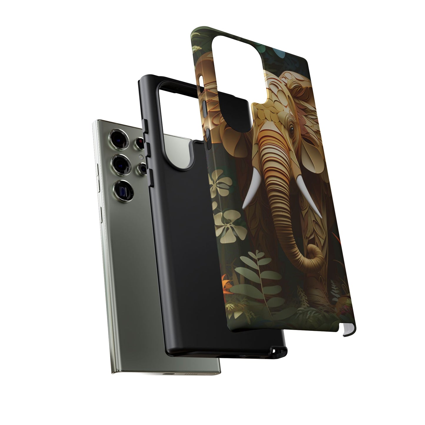 Golden Jungle Elephant Mobile Cover – Intricate Paper Art Design