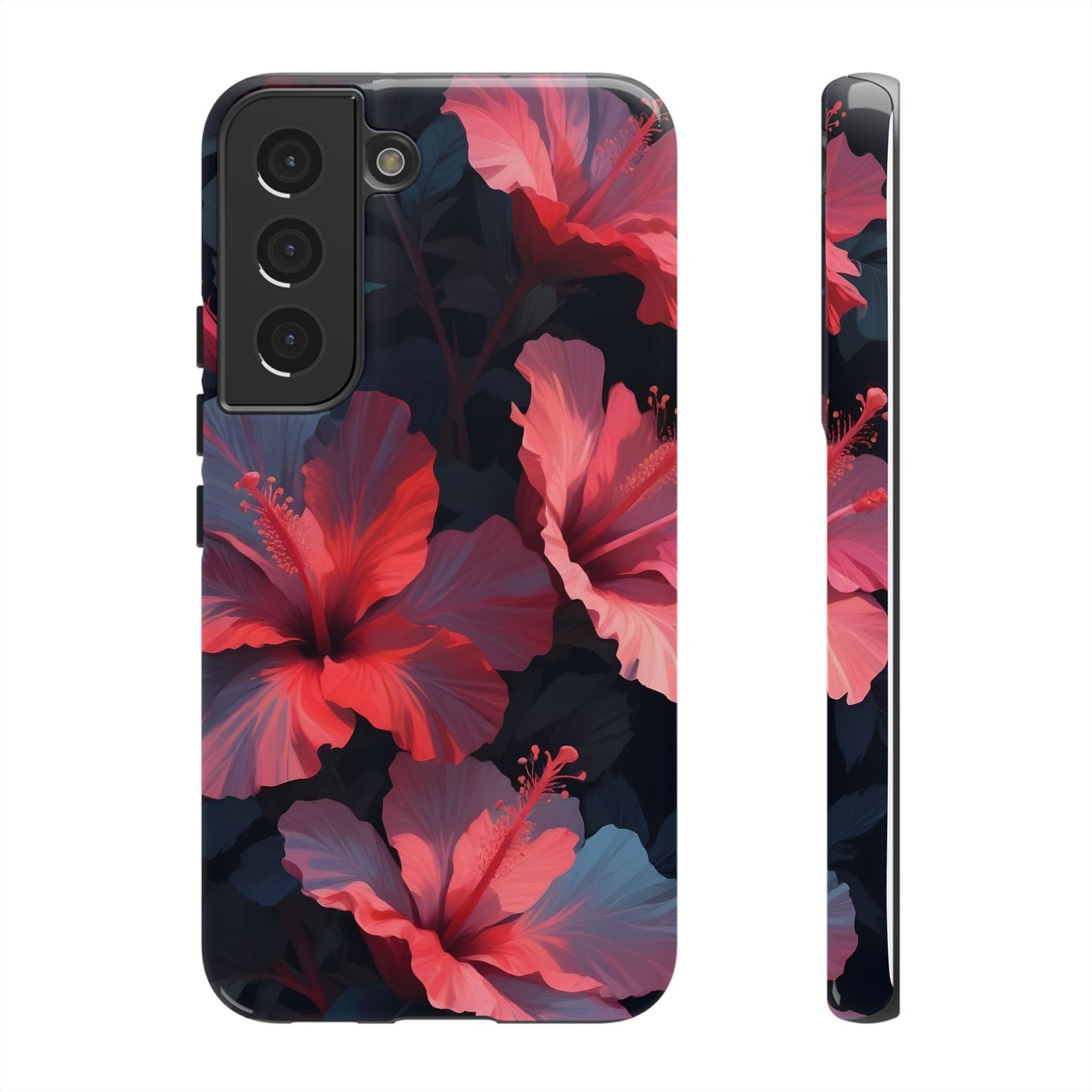 Vibrant red and pink hibiscus flowers blooming against a dark background| Floral phone case design