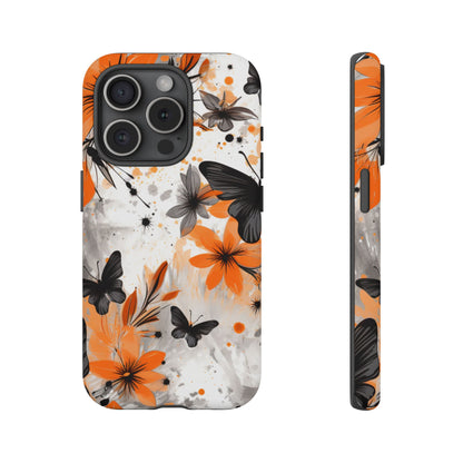 Bold Butterfly & Floral Splash Mobile Cover – Black & Orange Aesthetic
