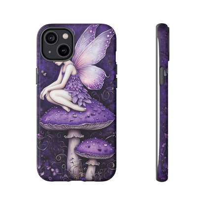 Whimsical Fairy Seated On Purple Mushroom In Enchanting Scene phone case design.