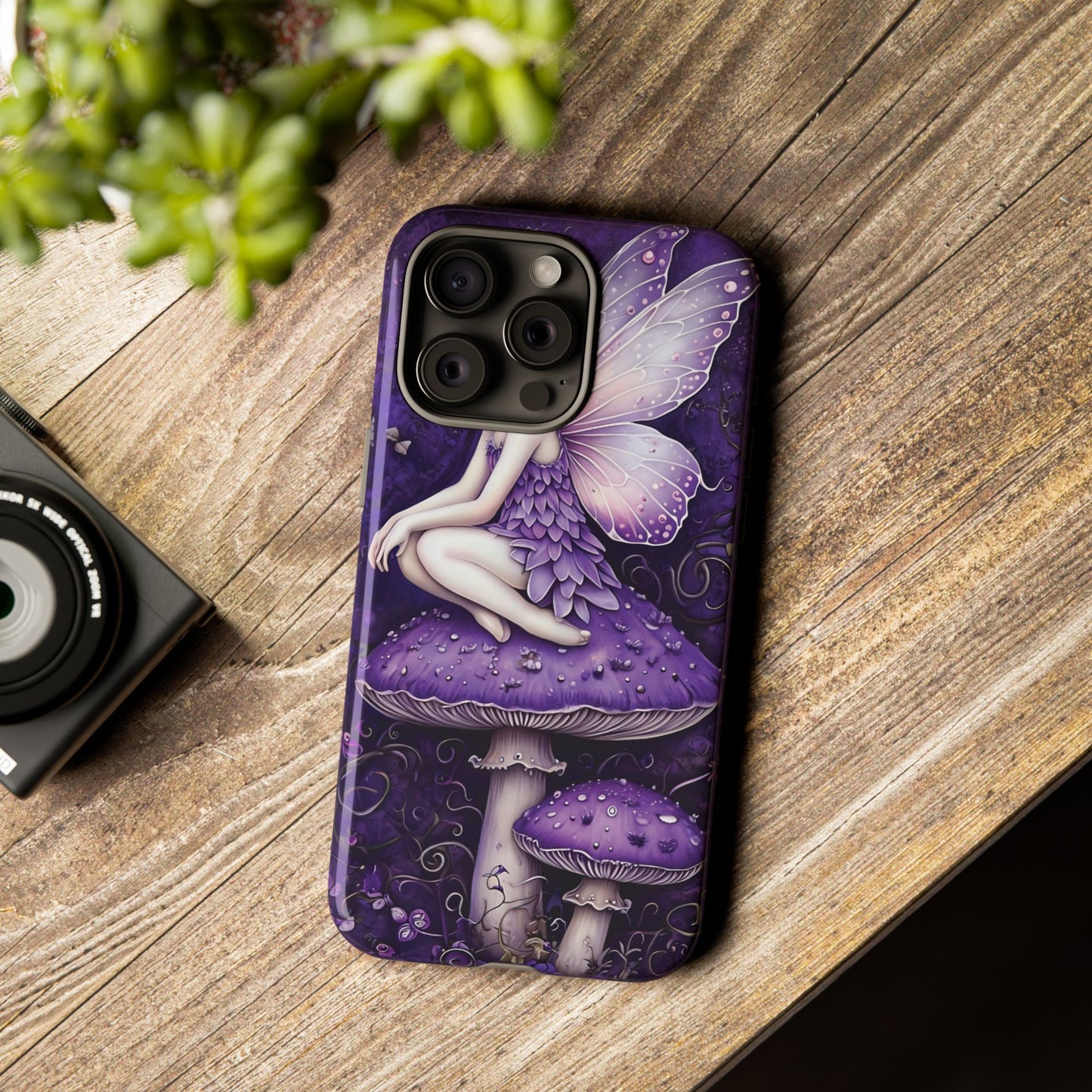 Whimsical Fairy Seated On Purple Mushroom In Enchanting Scene phone case design.