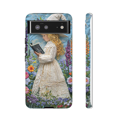Whimsical Embroidery Of A Girl Reading In A Garden phone case design.
