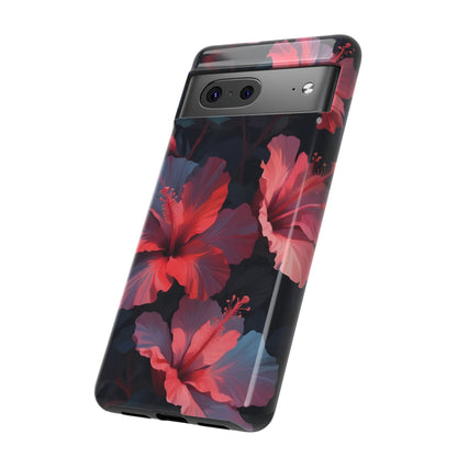 Vibrant red and pink hibiscus flowers blooming against a dark background| Floral phone case design