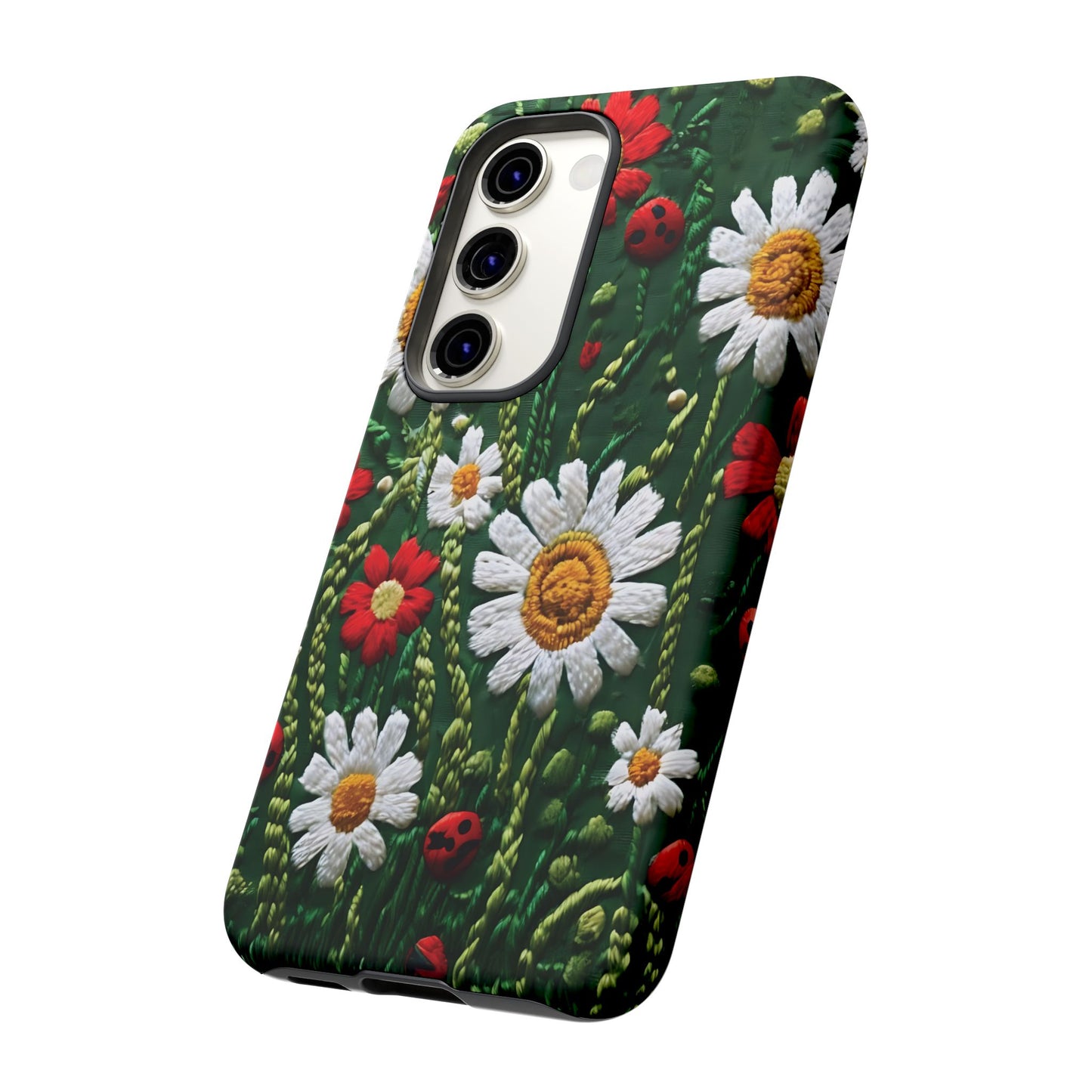 Intricate Embroidered Fabric Featuring Daisies And Ladybugs phone case design