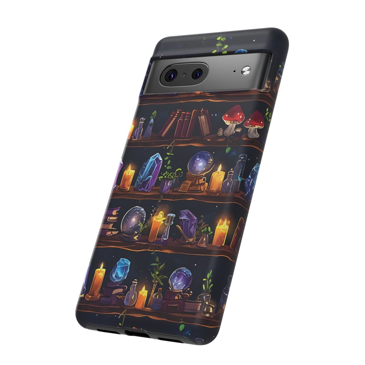 Fantasy Seamless Pattern Of Wooden Shelves Filled With Mystical Items phone case design.