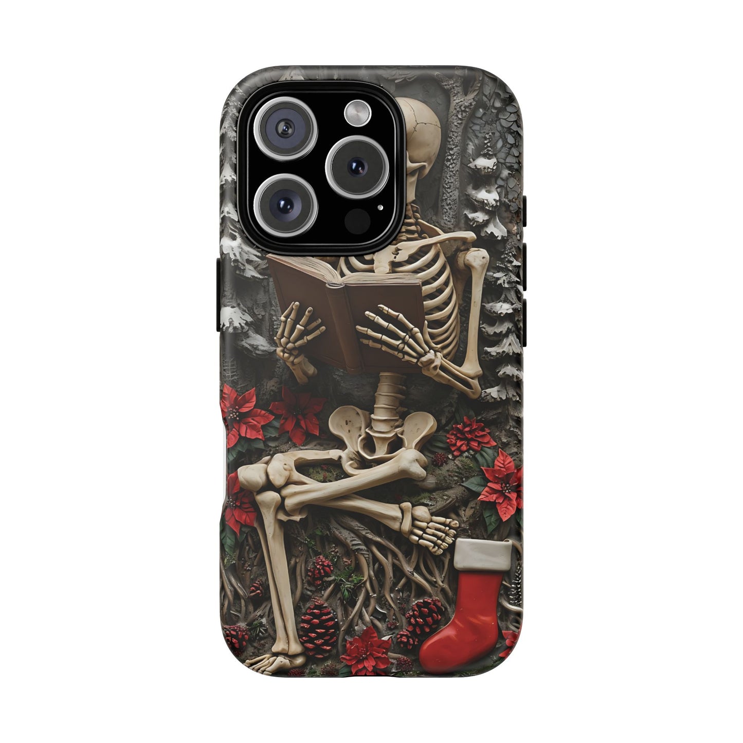 Surreal Relief Sculpture of Skeleton Reading Amidst Festive Decor phone case design