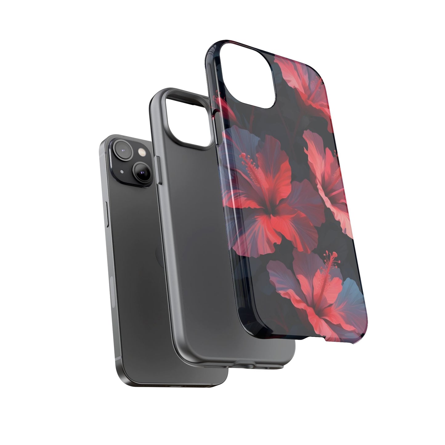 Vibrant red and pink hibiscus flowers blooming against a dark background| Floral phone case design