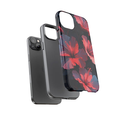 Vibrant red and pink hibiscus flowers blooming against a dark background| Floral phone case design