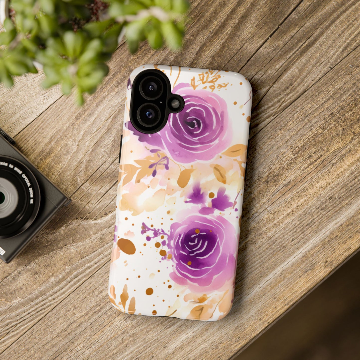 Purple Bloom Watercolor Mobile Case – Artistic Elegance in Gold & Lilac