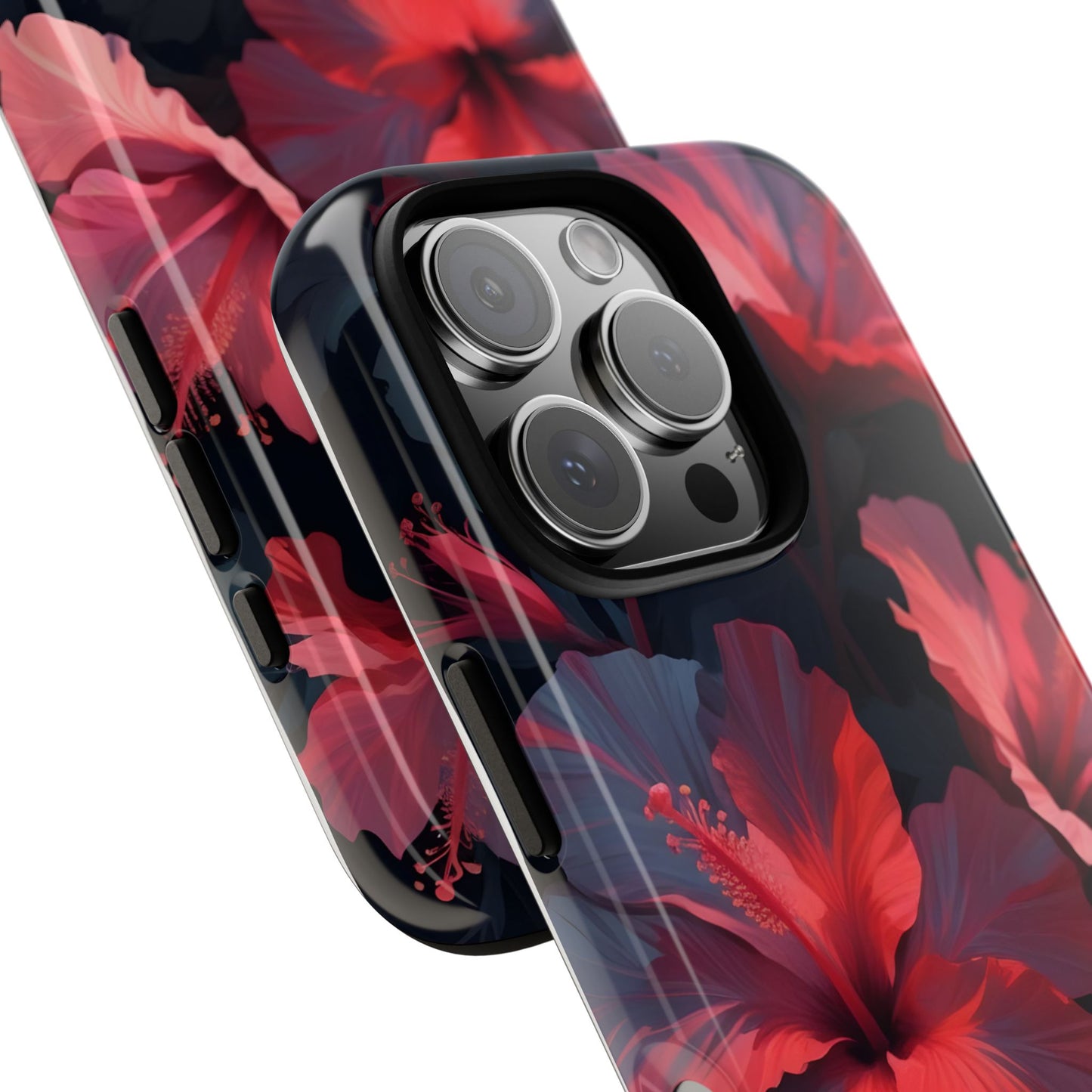 Vibrant red and pink hibiscus flowers blooming against a dark background| Floral phone case design