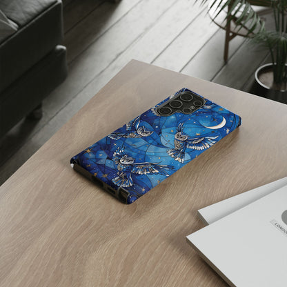 Surrealistic Owls Soaring Through A Celestial Night Sky phone case design.