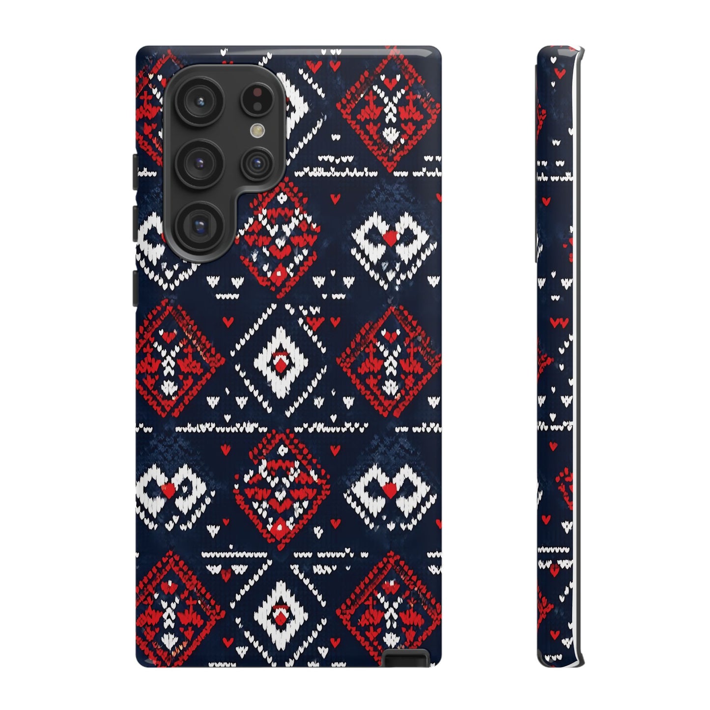 Knitted Pattern With Diamonds And Festive Motifs On Navy phone case design.